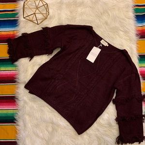 NWT Ninexis Maroon Sweater with Fringe Sleeves Women’s M